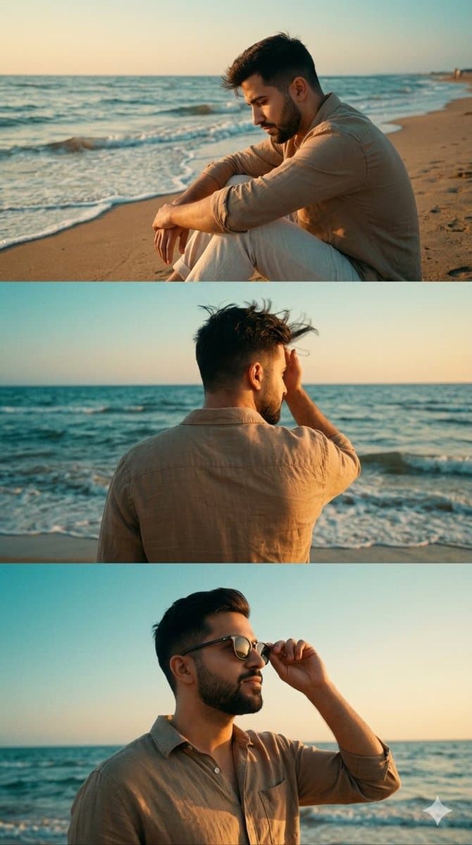 Cinematic Vertical Collage of a Stylish Man at the Beach — example 1