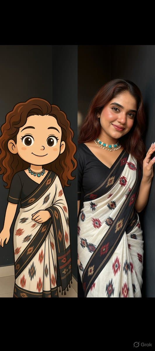 Side-by-Side Portrait of Realistic Woman in Saree and Cartoon Younger Self — example 1