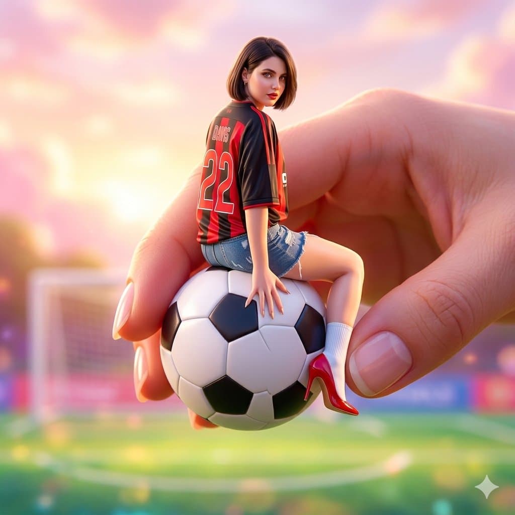 Miniature Fashionable Girl on Soccer Ball — example 1