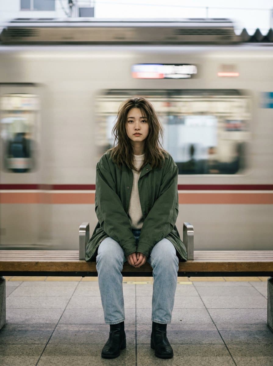 Cinematic Portrait of a Woman on a Train Platform — example 2