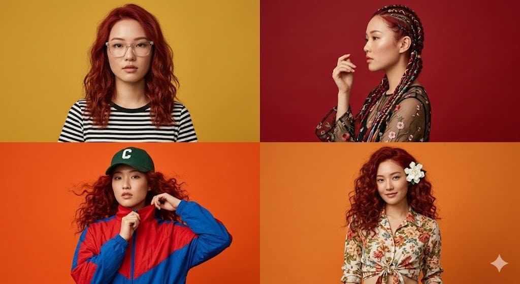 Four-Panel Fashion Collage of a Woman with Red Hair — example 1
