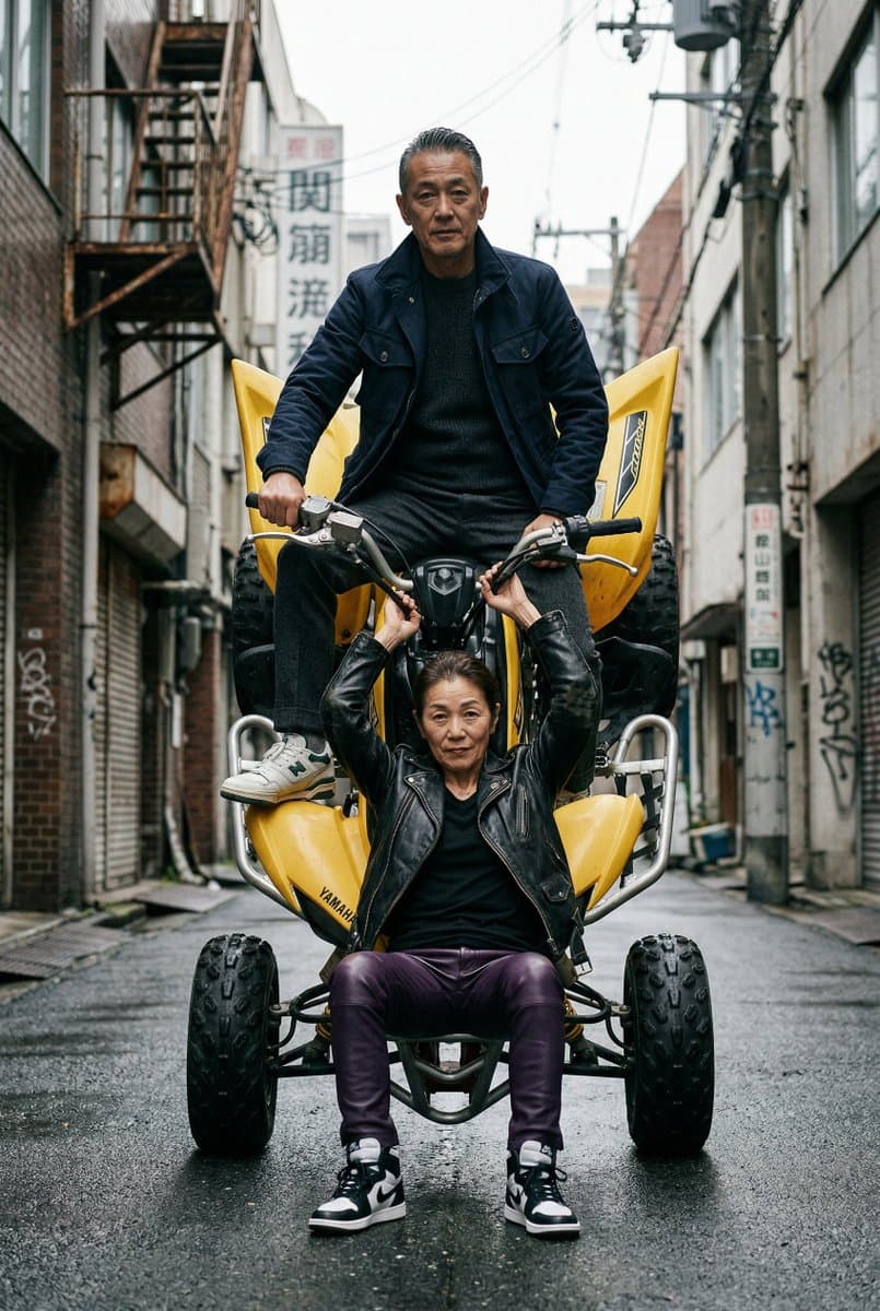Cinematic Urban Street Scene with Quad Bike and Older Couple — example 1
