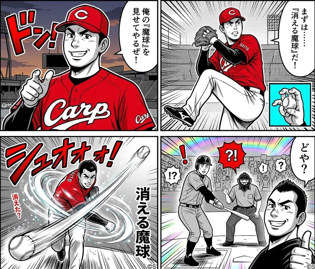 AI-generated 4-panel manga: The Vanishing Magic Ball — example 1