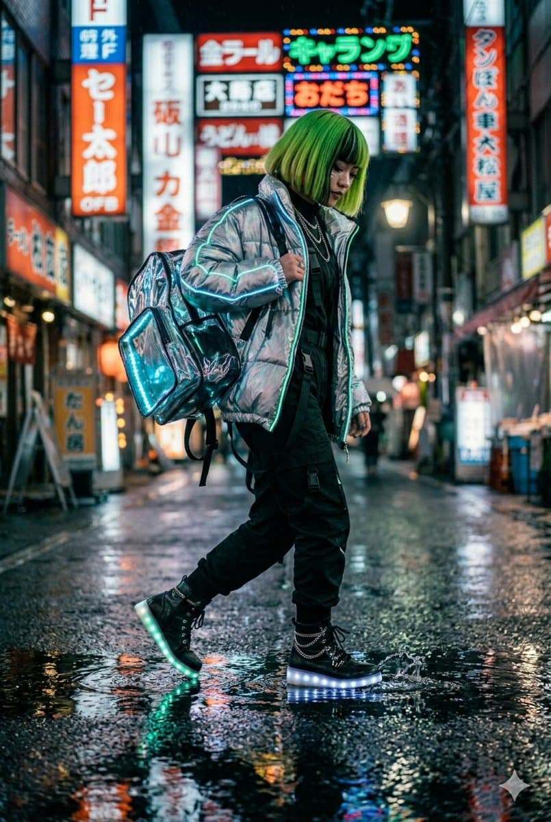 Cyberpunk Techwear Street Shot — example 1