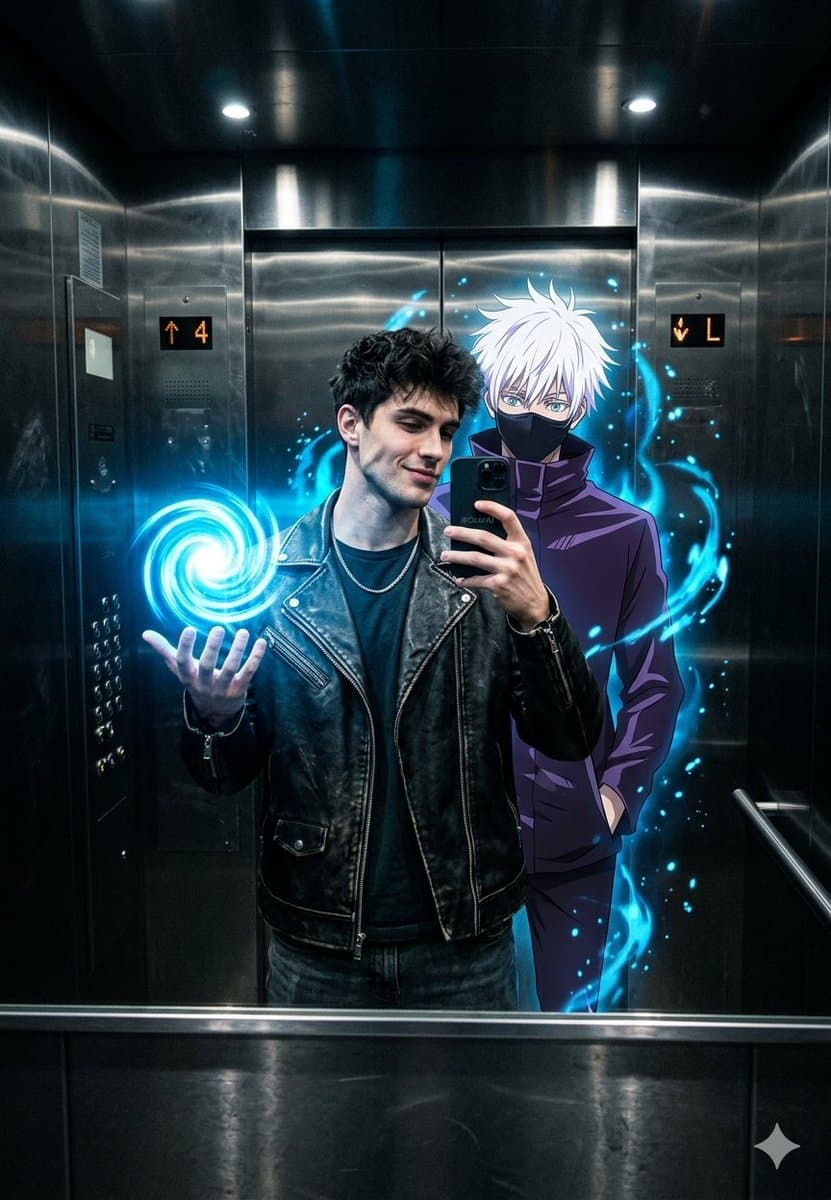 Anime World Elevator Mirror Selfie — example 1