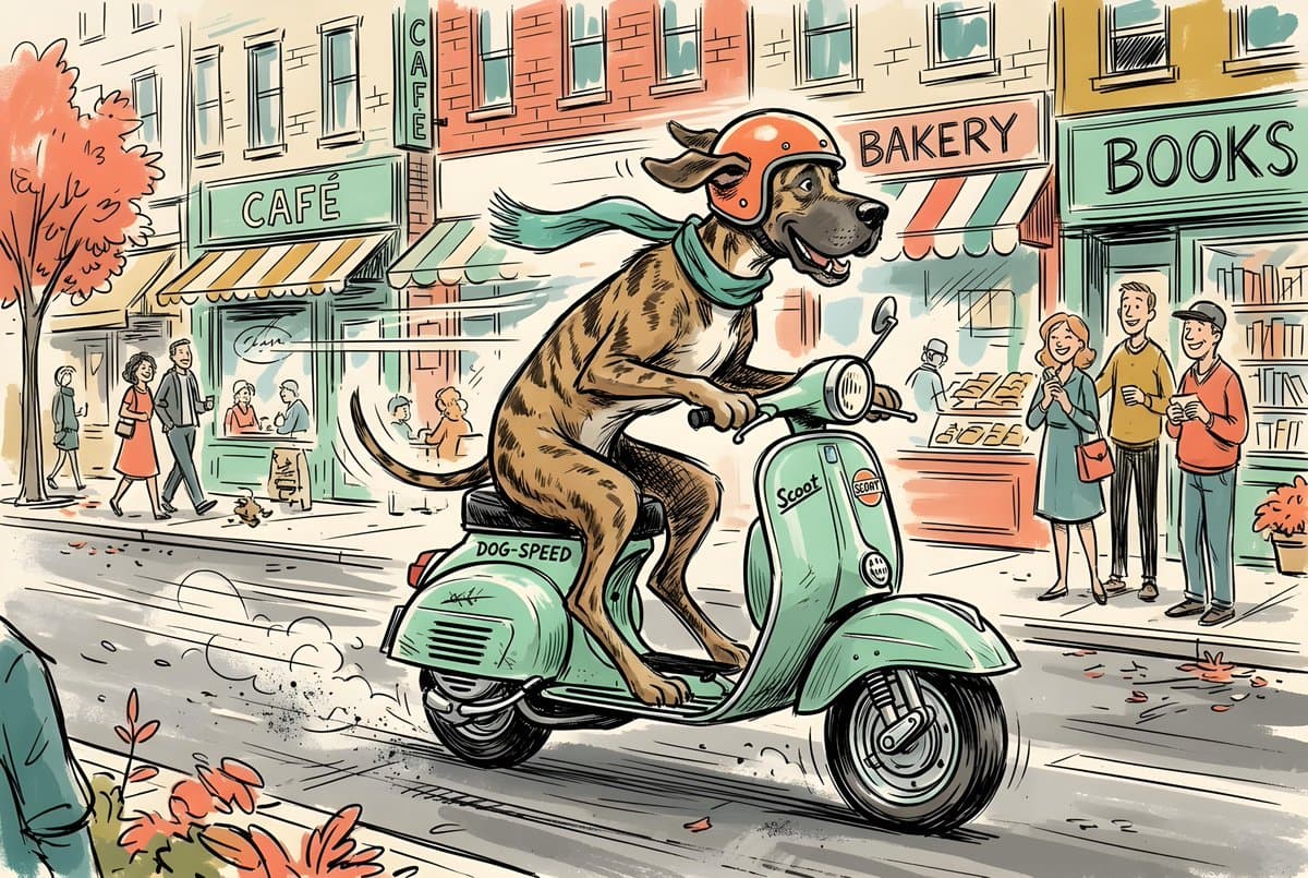 Sketchy Illustration of Dog on Scooter — example 1