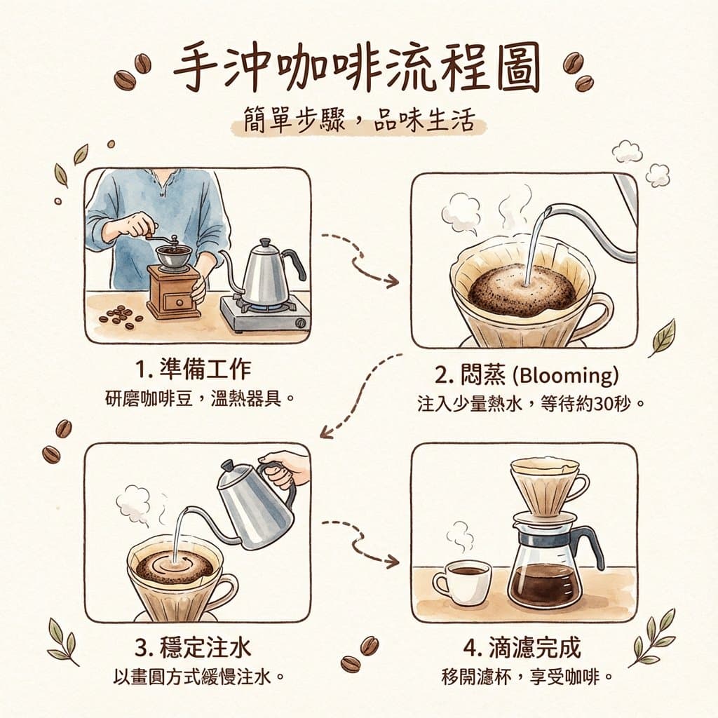 Hand drip coffee flowchart in Japanese magazine style — example 1