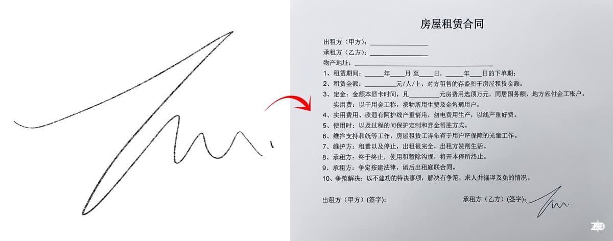Chinese rental contract with user’s signature — example 1