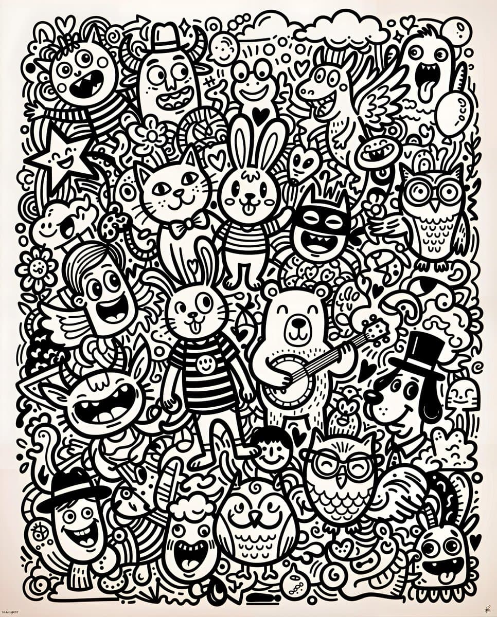Black and White Whimsical Doodle Art β example 1