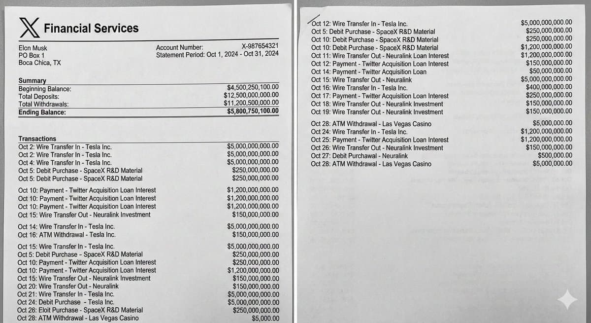 Elon Musk bank statement mockup — example 1