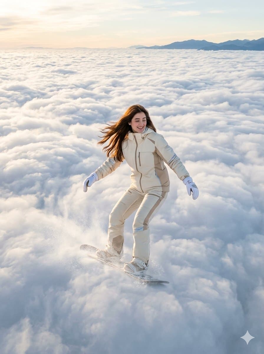 Surreal Cloud Snowboarding Girl
