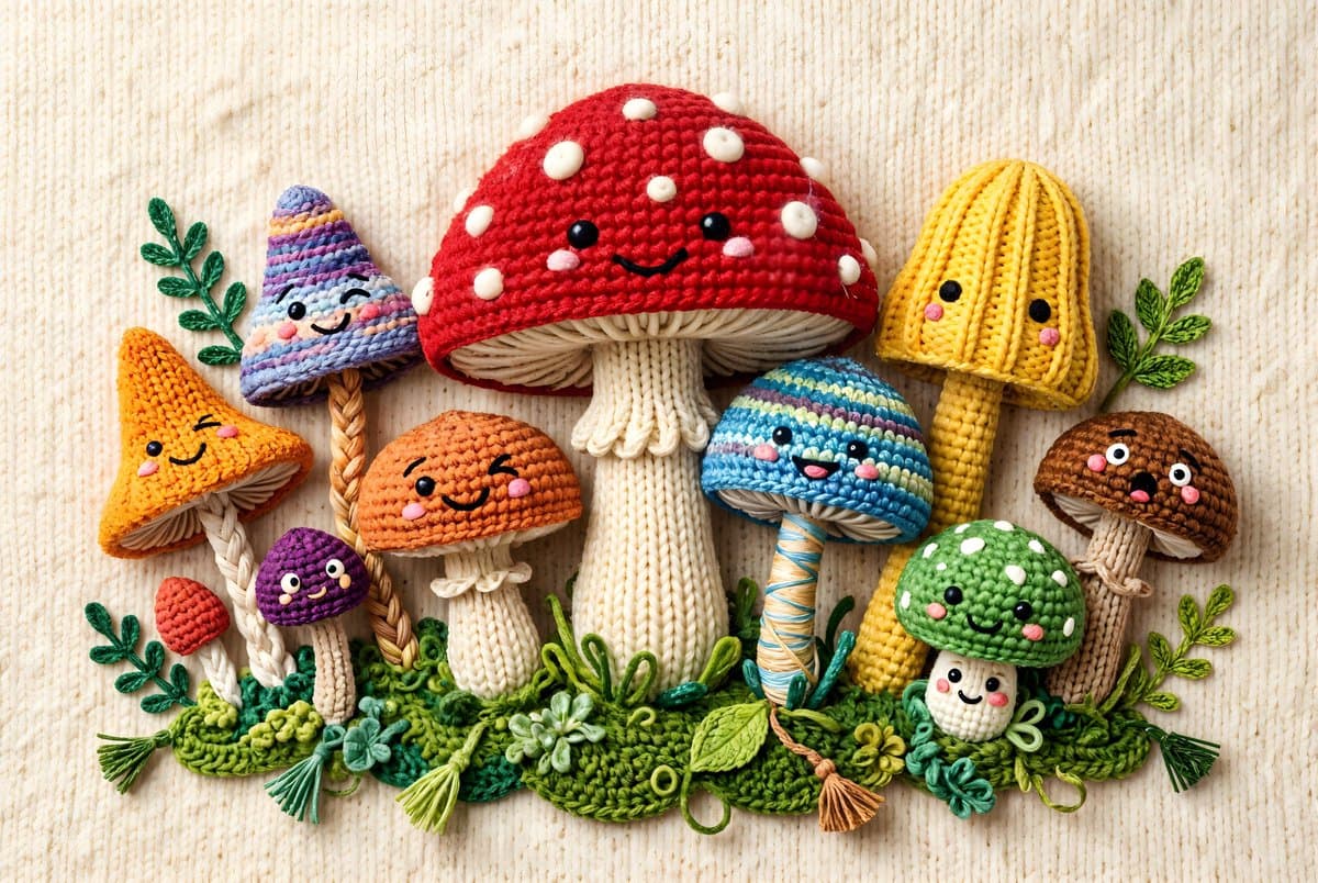 Whimsical Yarn Style Mushrooms β example 1