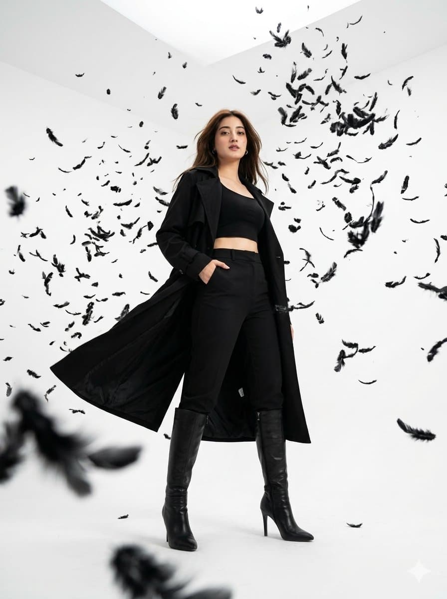 Dramatic Feather Explosion Fashion Shot — example 1