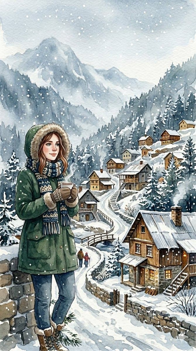 Cozy Winter Hill Station Watercolor — example 1