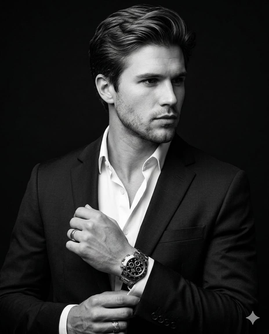 Cinematic Black and White Luxury Suit Portrait — example 2