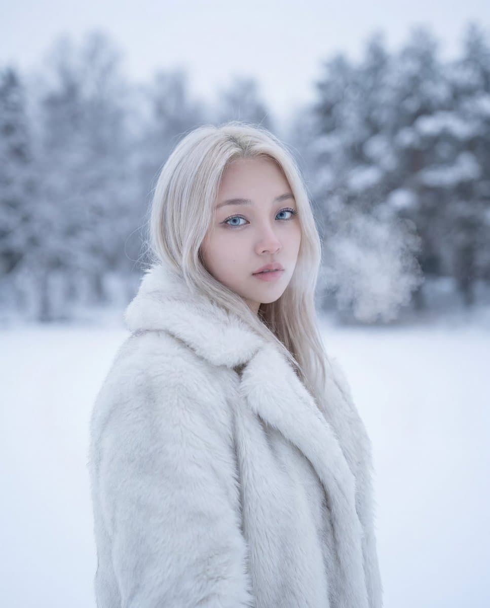 Cinematic Platinum Blonde Winter Portrait β example 2