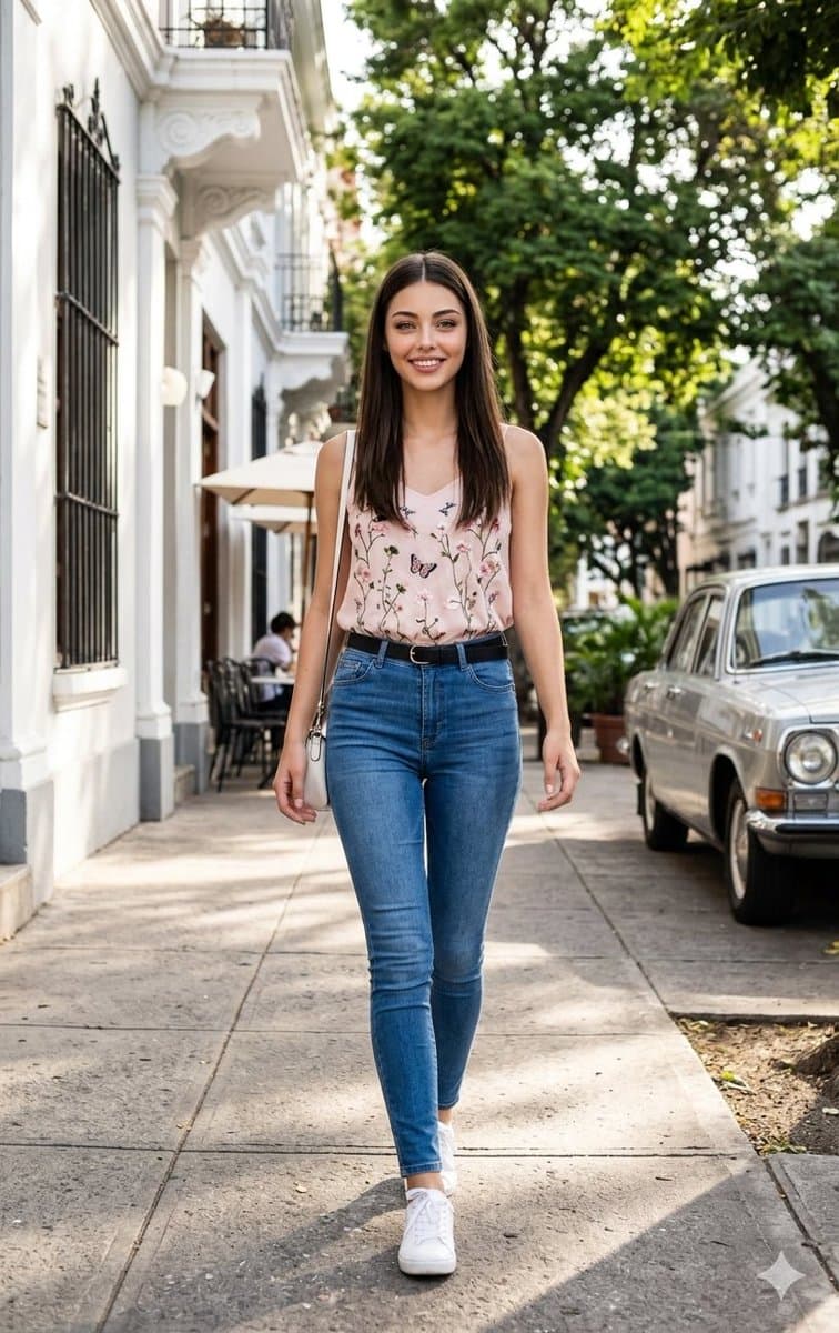 Woman Walking on City Sidewalk — example 1