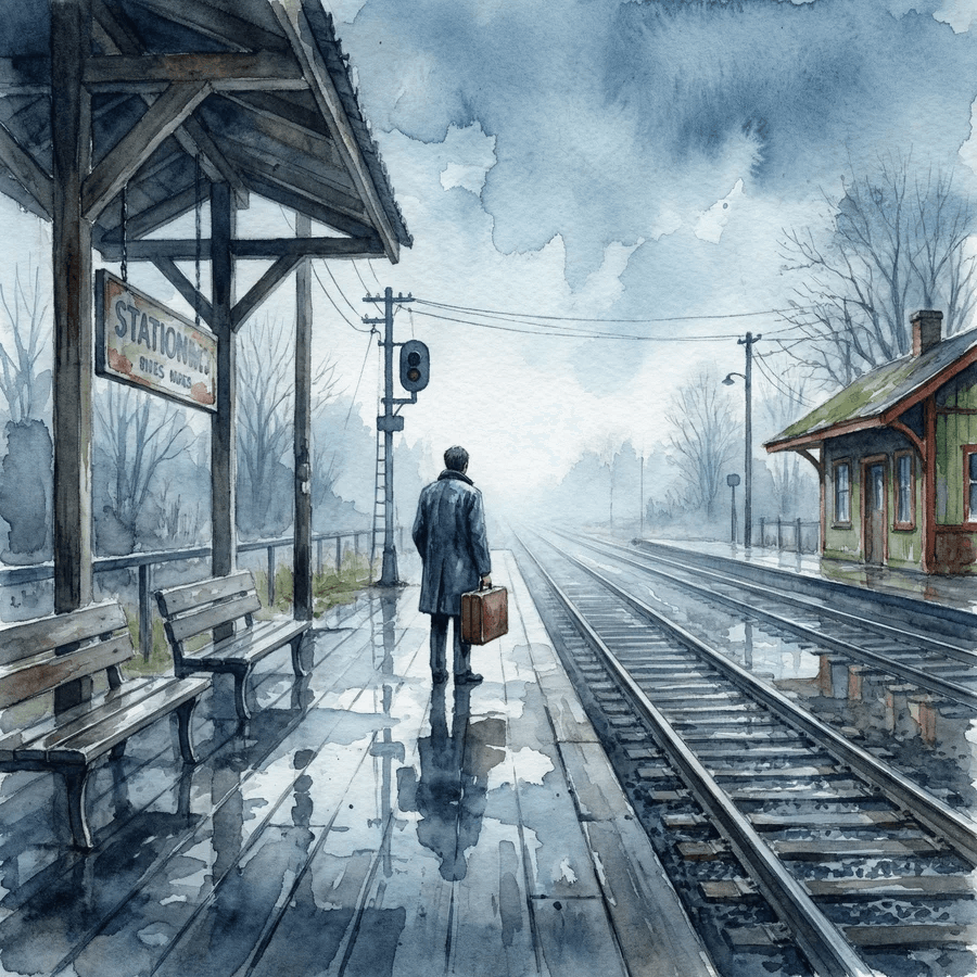 Rainy Train Station Watercolor — example 1