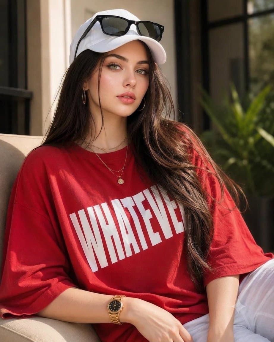 Fashion magazine portrait with red t-shirt — example 1