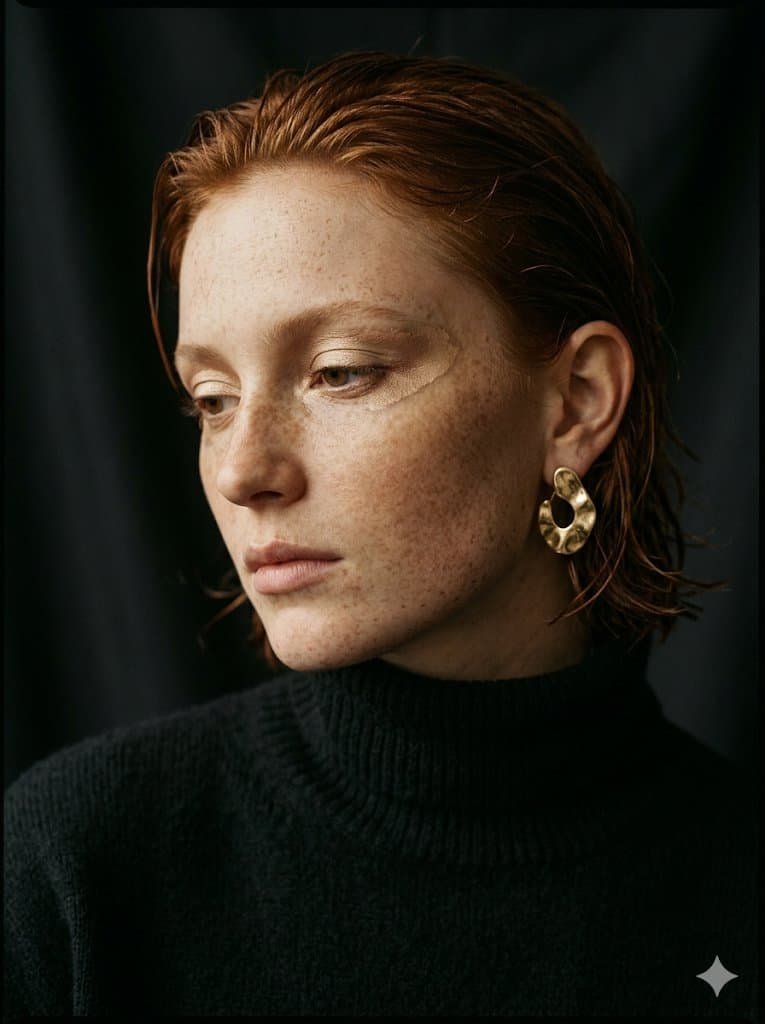 Freckled Model Gold Makeup Portrait — example 2