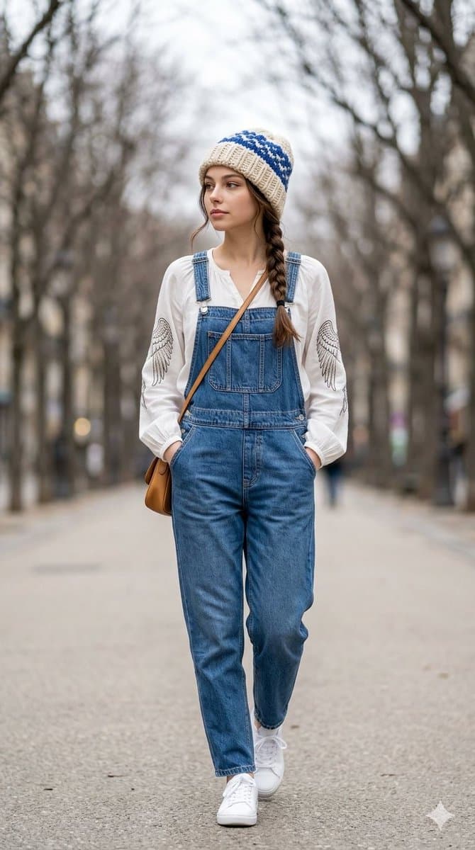 Street Fashion Walk in Denim Overalls — example 1