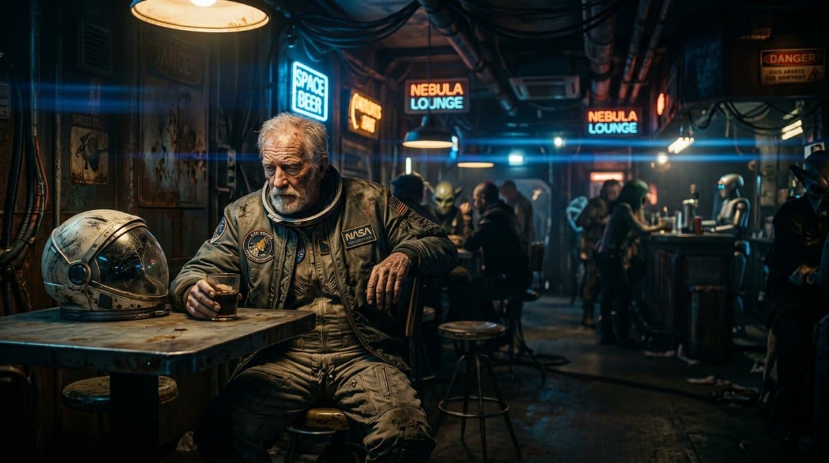 Old Astronaut in Futuristic Bar — example 1