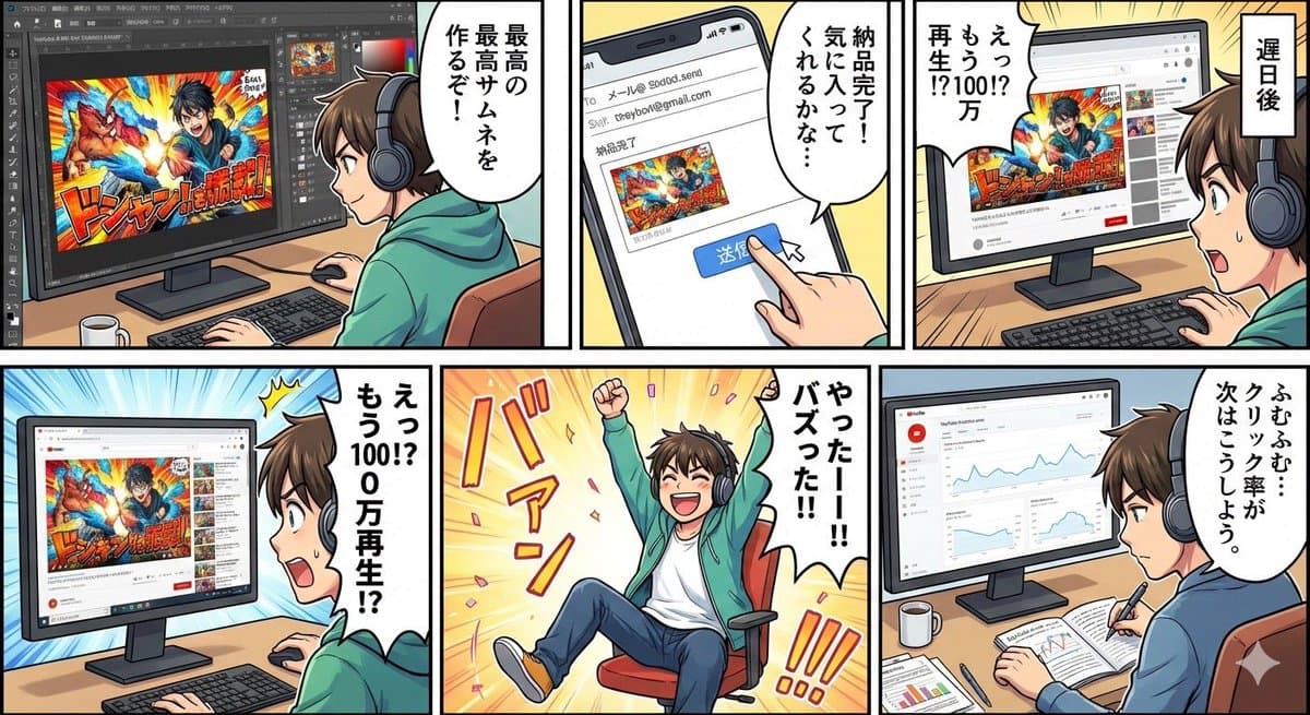 Five-panel manga of a YouTube thumbnail creator workflow — example 1