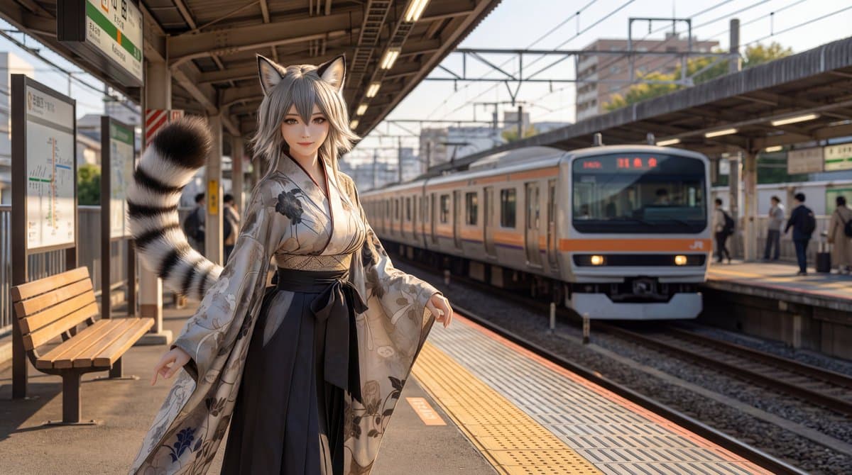Character on Japanese train platform with matched lighting — example 2