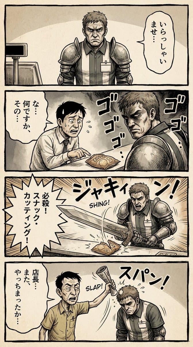 Vertical 4-panel gekiga-style manga YAML prompt — example 1