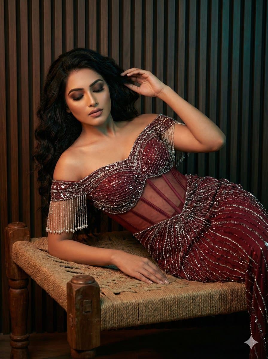 High-Fashion Editorial Photo of a Woman in an Embellished Gown — example 1