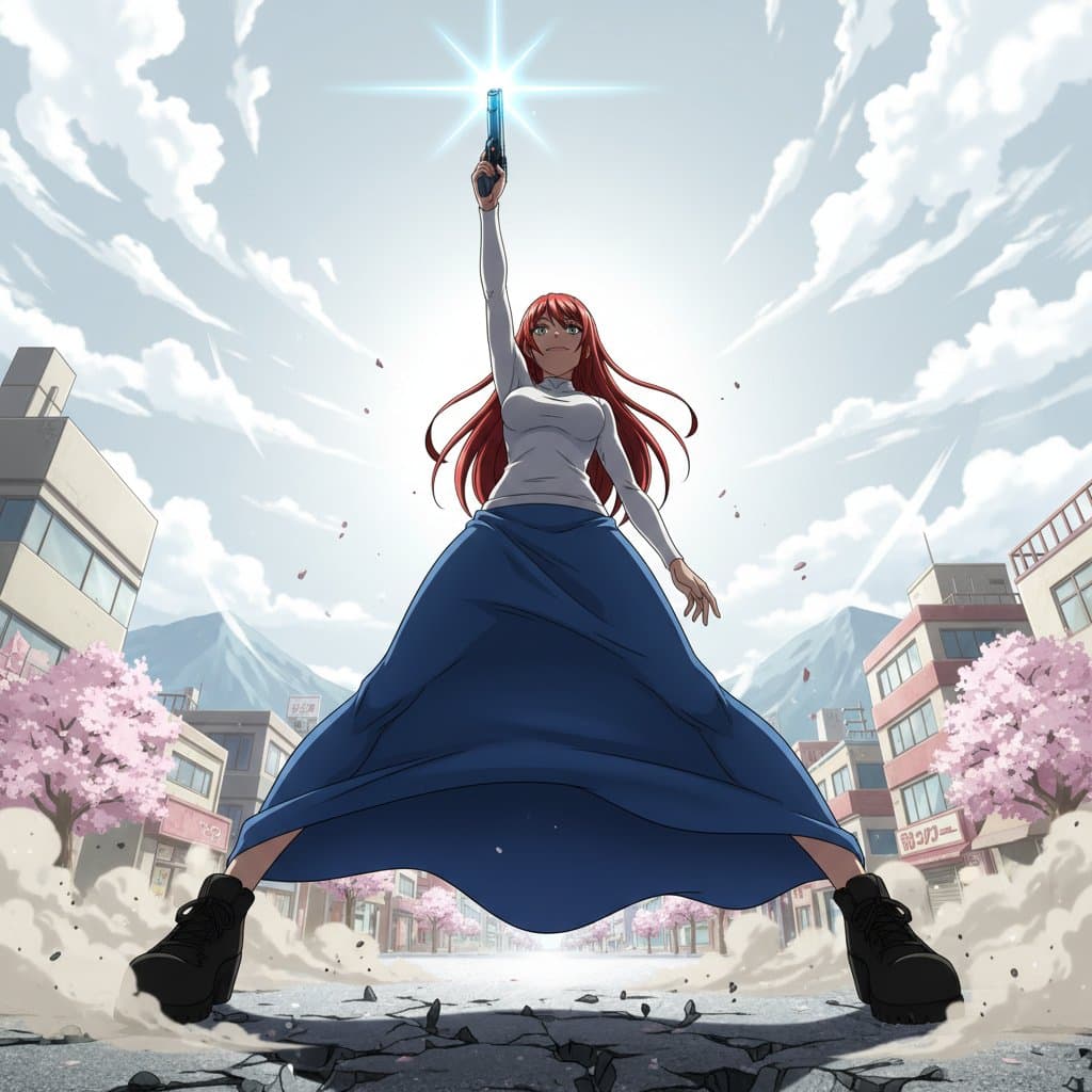 Nano Banana Prompt for Heroic Low-Angle Pose with Beam Weapon — example 1