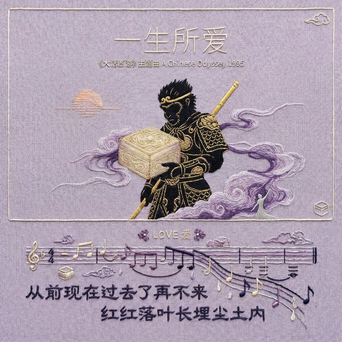 Hand-Embroidered Silk Album Cover Prompt (Music/Lyrics) — example 1