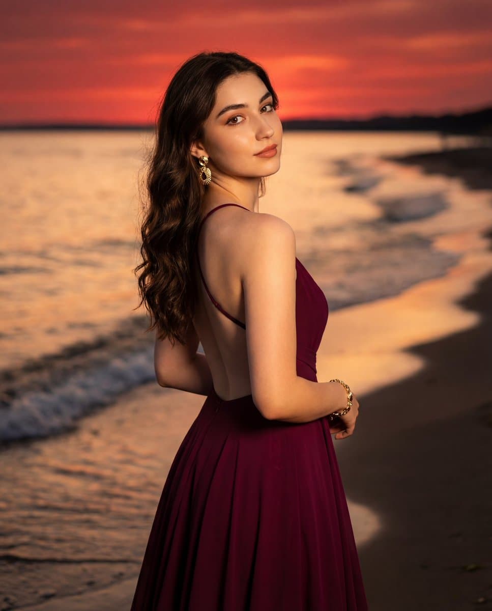 Photorealistic Portrait of a Woman in an Evening Dress at Sunset Beach — example 1