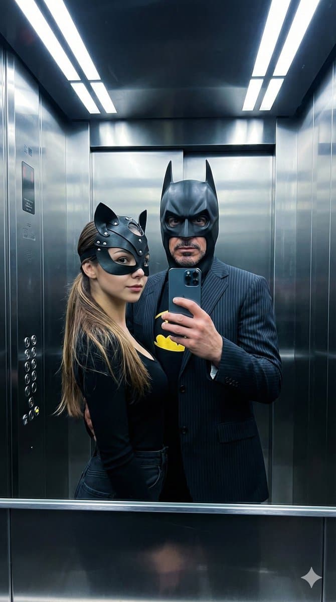 Cinematic Bat/Cat Couple Mirror Selfie with Identity Lock — example 1