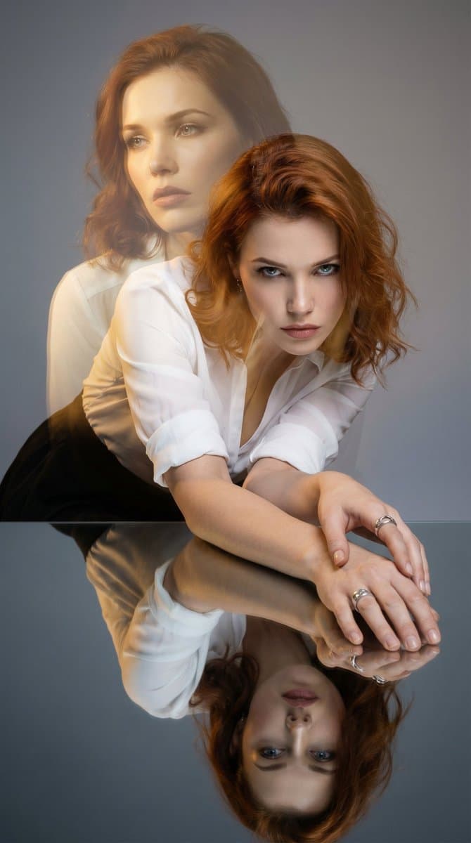 High-Fashion Double Exposure Portrait with Reflection — example 3