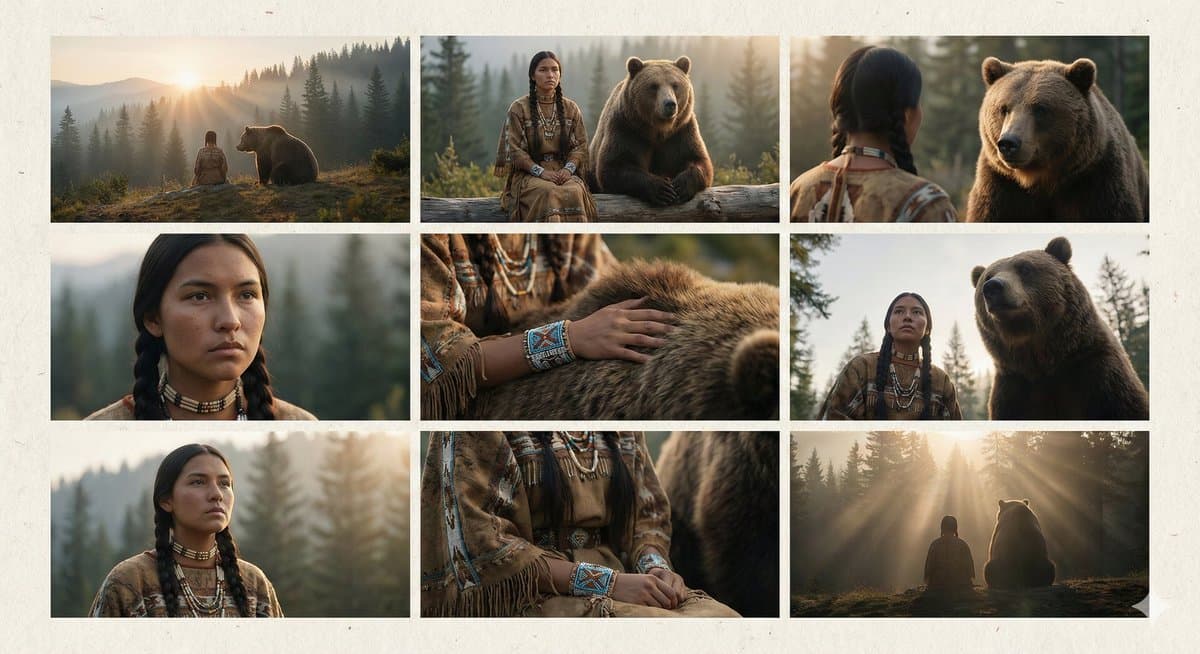 Cinematic Storyboard of Woman and Bear in Forest — example 1