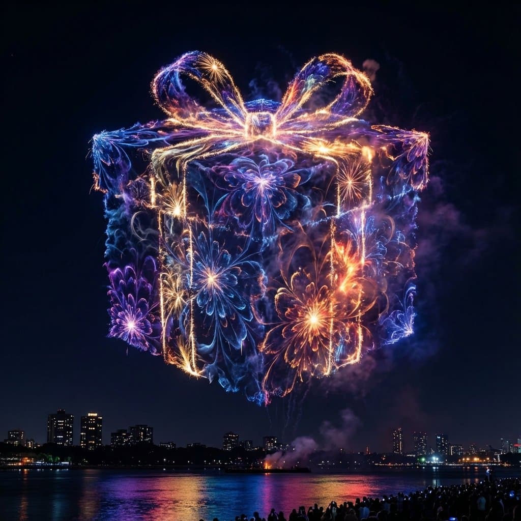 Santa Claus Fireworks over City Skyline — example 4