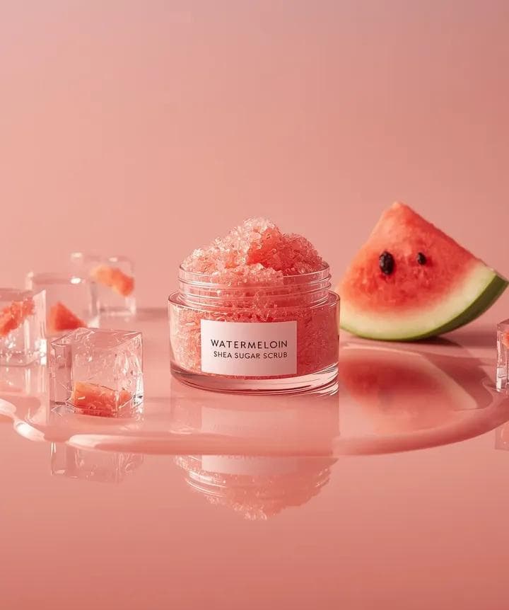 Hyper-photorealistic cosmetic skincare jar product shot with watermelon and ice cubes — example 4