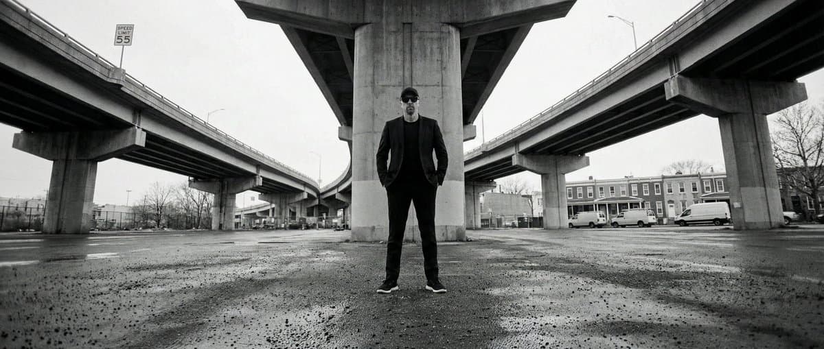 High-Contrast Documentary Photo Under a Brutalist Overpass — example 1
