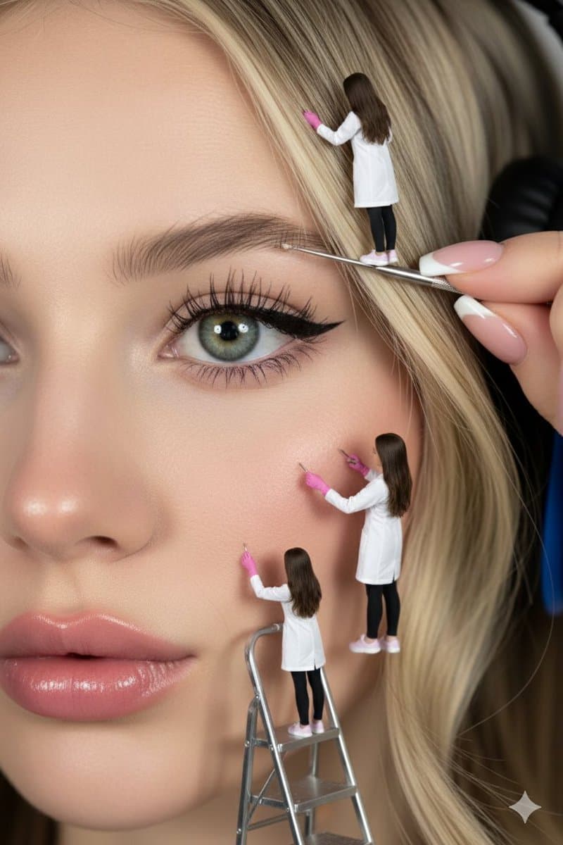 Hyper-realistic close-up of a woman's face being 'maintained' by miniature aesthetic doctors — example 1