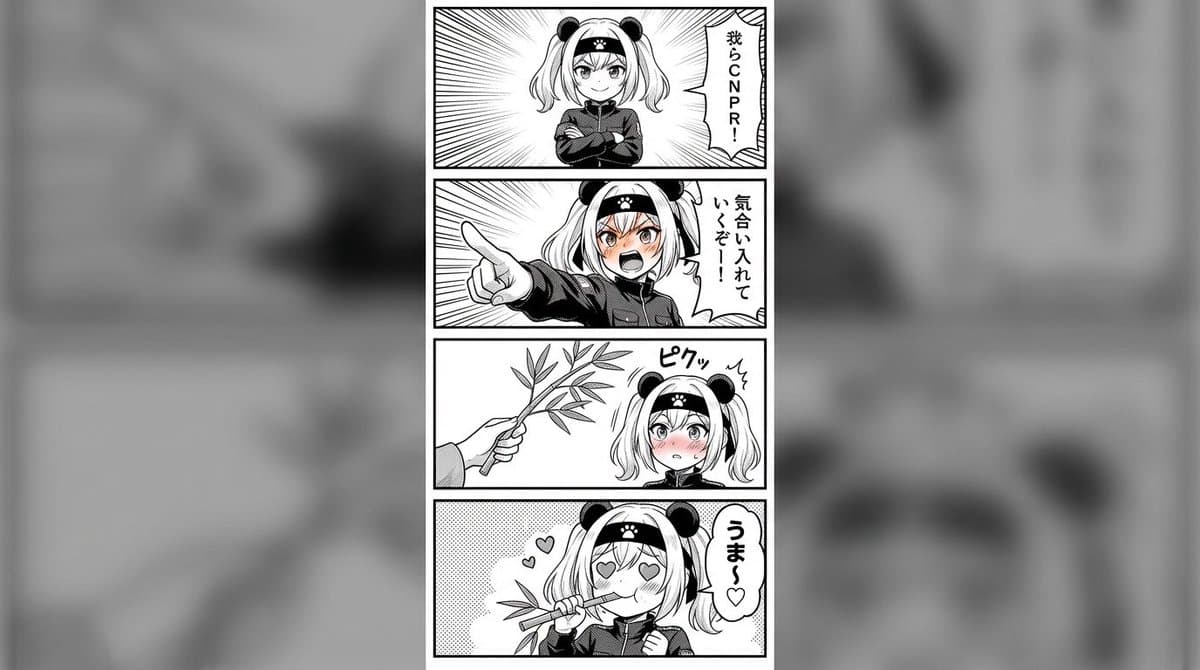 Four-panel anime manga with panda-girl character — example 1