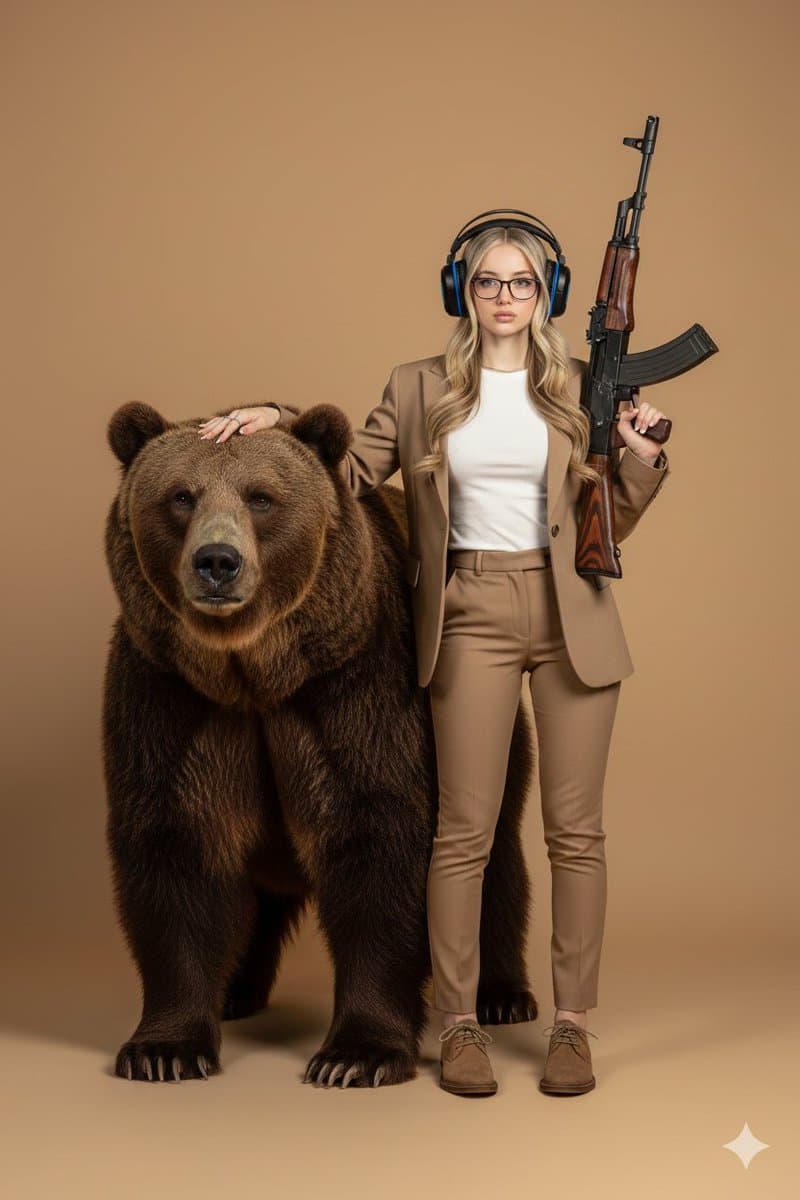 Surreal Studio Portrait with Grizzly Bear and Rifle — example 1
