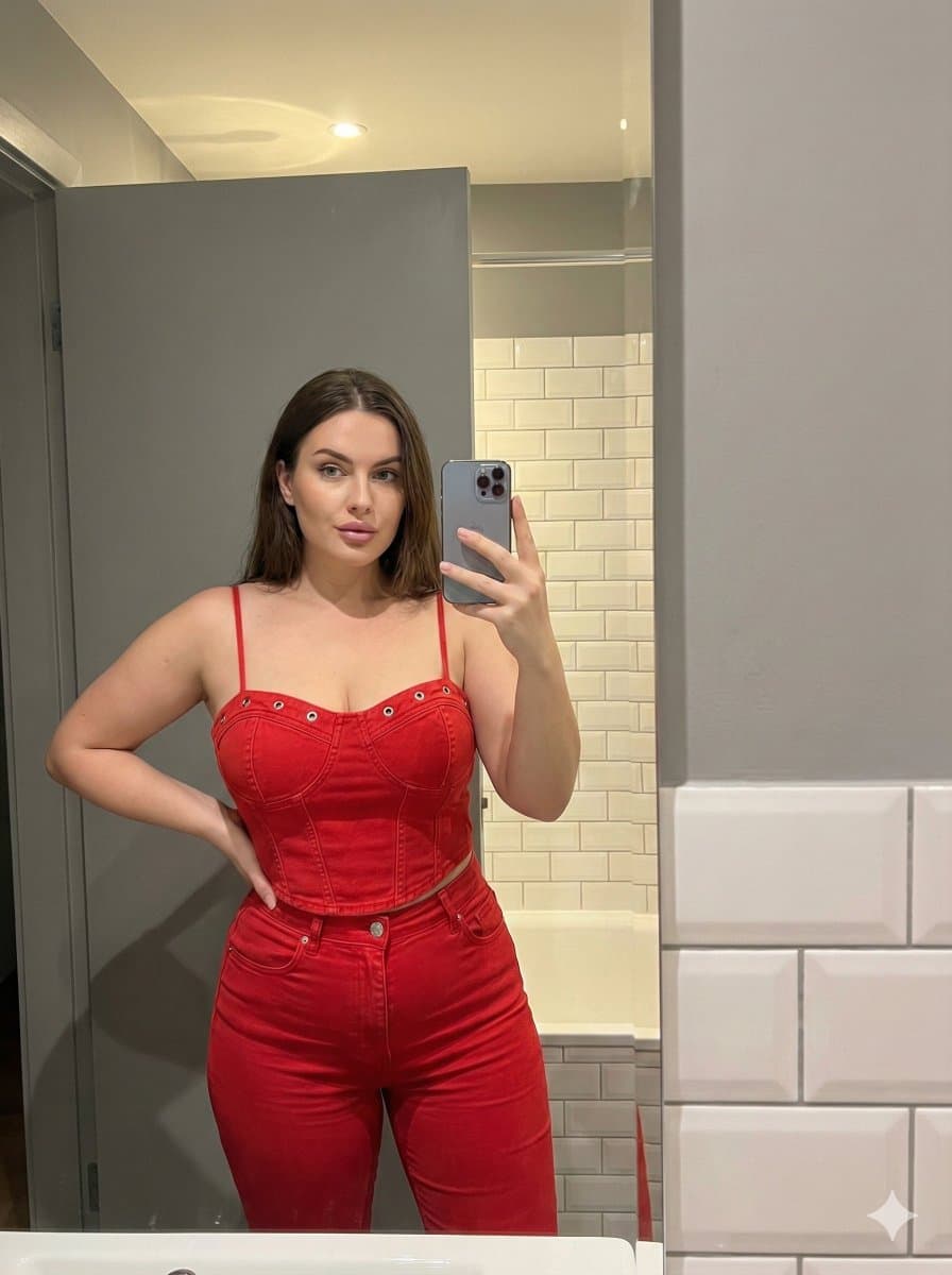 8K Mirror Selfie in Red Denim Corset and Jeans — example 1