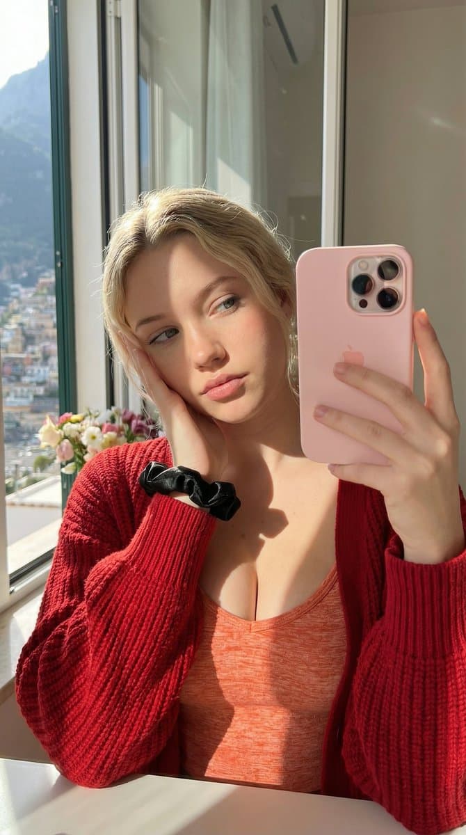 Dual Mirror Selfie Prompts (Red vs. Yellow Cardigan) — example 1