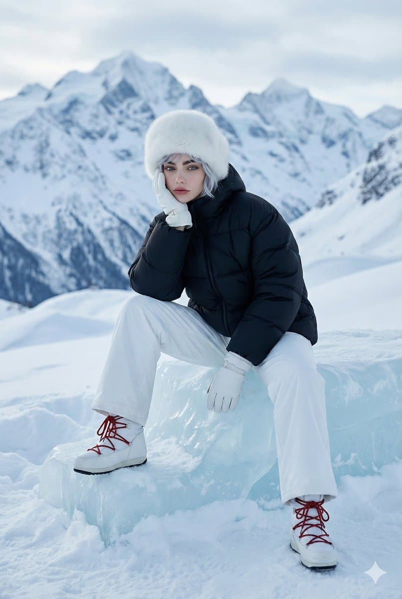High-Fashion Winter Editorial Portrait in Alpine Setting — example 1