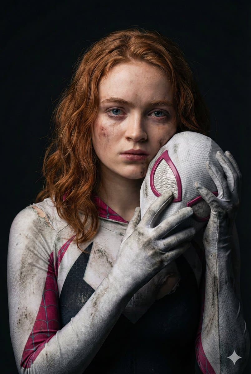 Gritty Cinematic Portrait of Sadie Sink as Injured Ghost-Spider — example 1