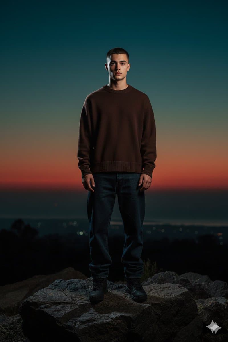 Full-Body Portrait with Frontal Flash at Blue Hour Sunset — example 1