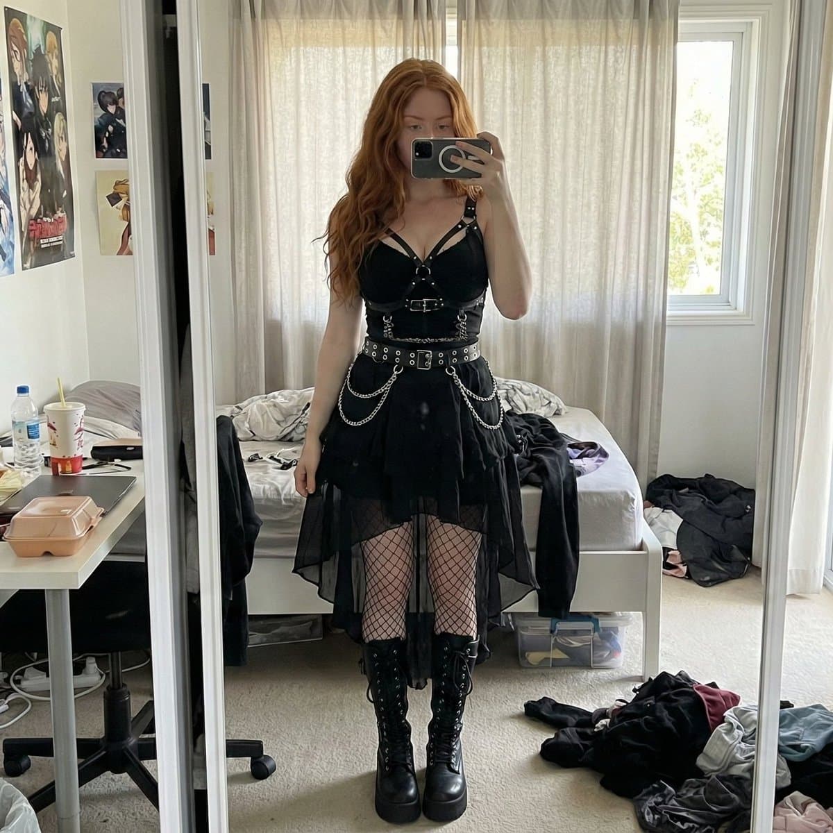 Gothic Mirror Selfie in Messy Bedroom — example 1