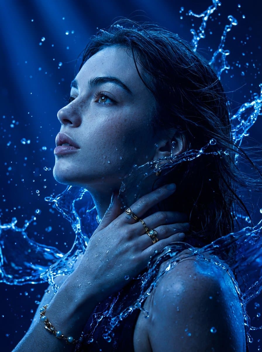 Cinematic Portrait Drenched in Electric Blue Water Splashes — example 1