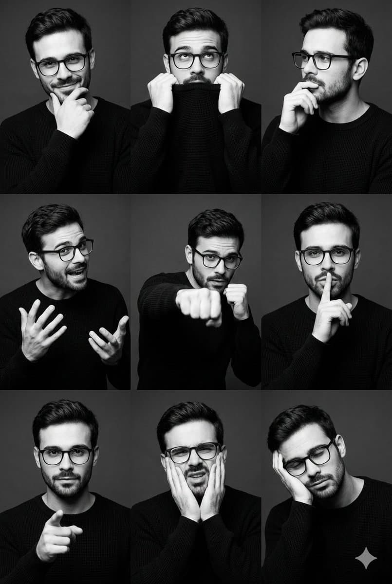 Black and White Male Editorial Portrait Collage JSON Prompt — example 1